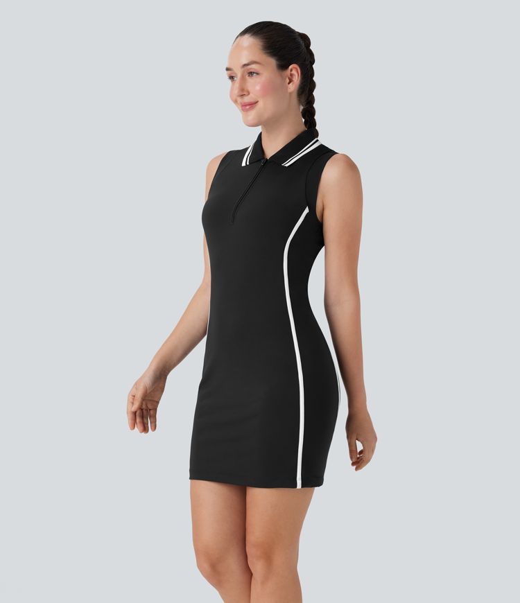 SoftlyZero™ Airy Color Block Polo Zip Sleeveless Bodycon Cool Touch Mini Casual Dress-UPF50+