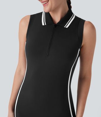 SoftlyZero™ Airy Color Block Polo Zip Sleeveless Bodycon Cool Touch Mini Casual Dress-UPF50+