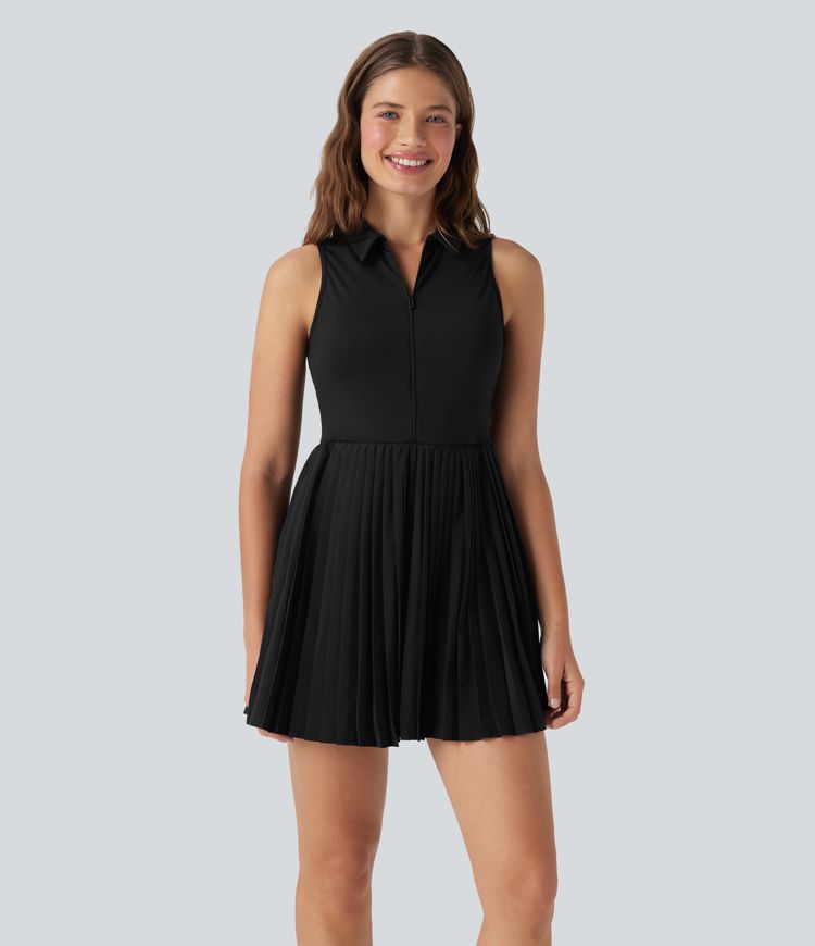 Breezeful™ Half Zipper Sleeveless 2-in-1 Pleated Hem Mini Quick Dry Tennis Active Dress with Pockets-Easy Peezy