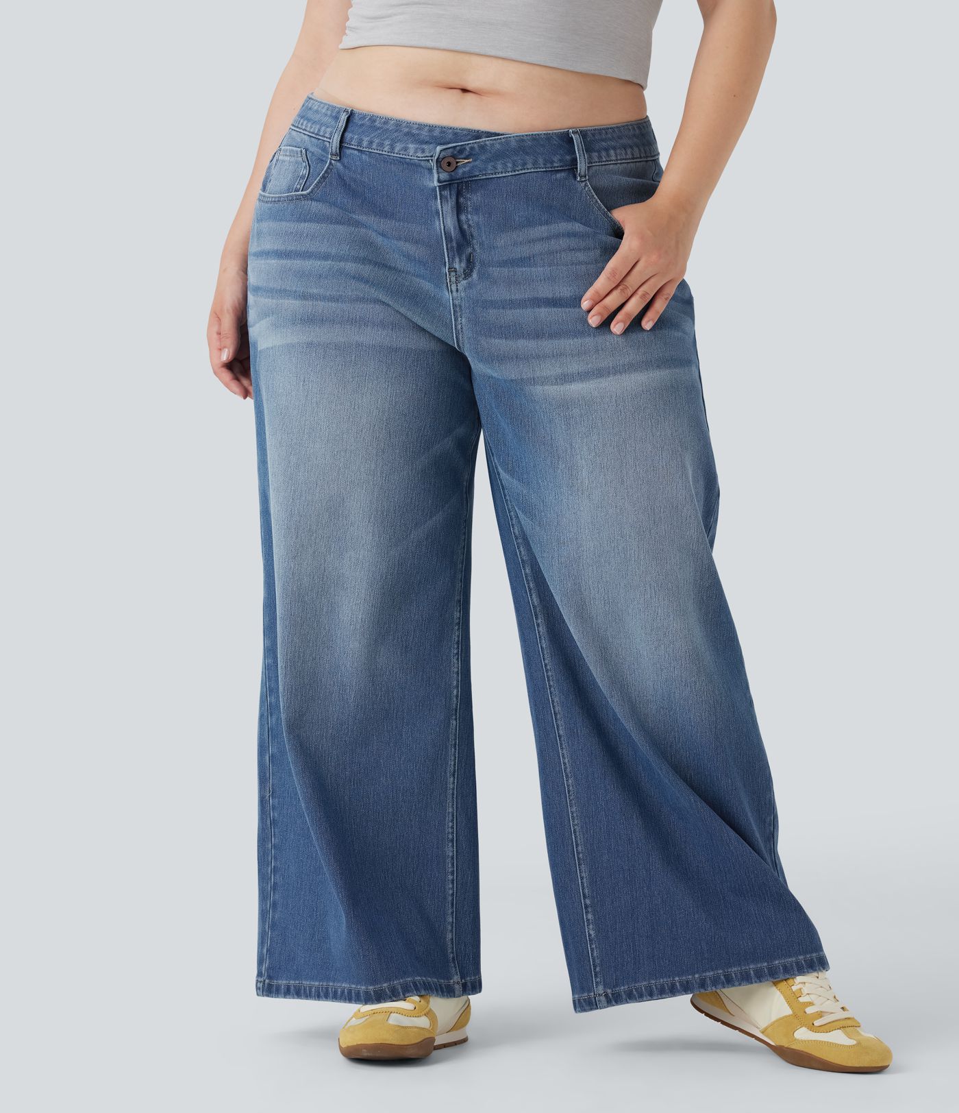 Jeans casuales Halara Flex™ de tiro bajo tipo llavado y asimétrico de pierna ancha y con bolsillos en talla grande