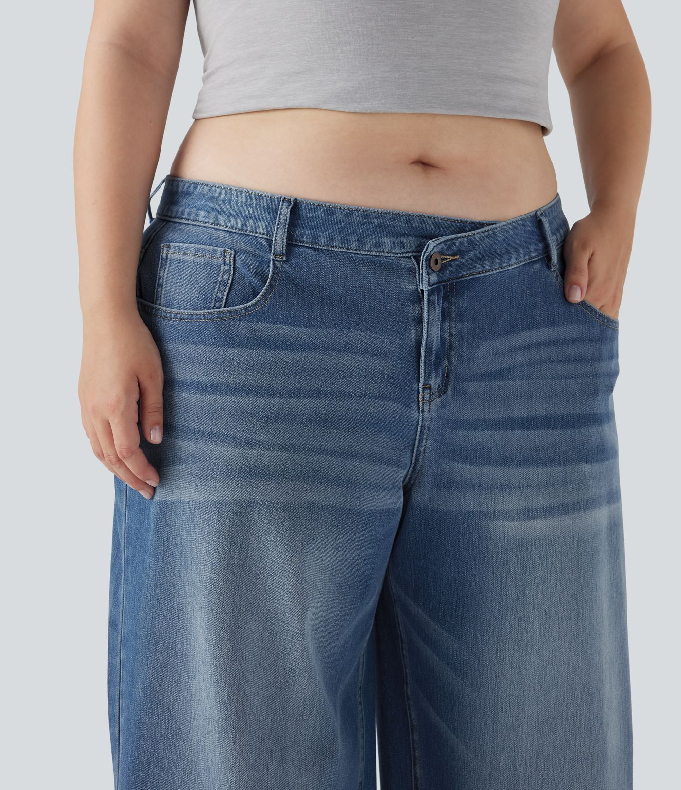 Jeans casuales Halara Flex™ de tiro bajo tipo llavado y asimétrico de pierna ancha y con bolsillos en talla grande