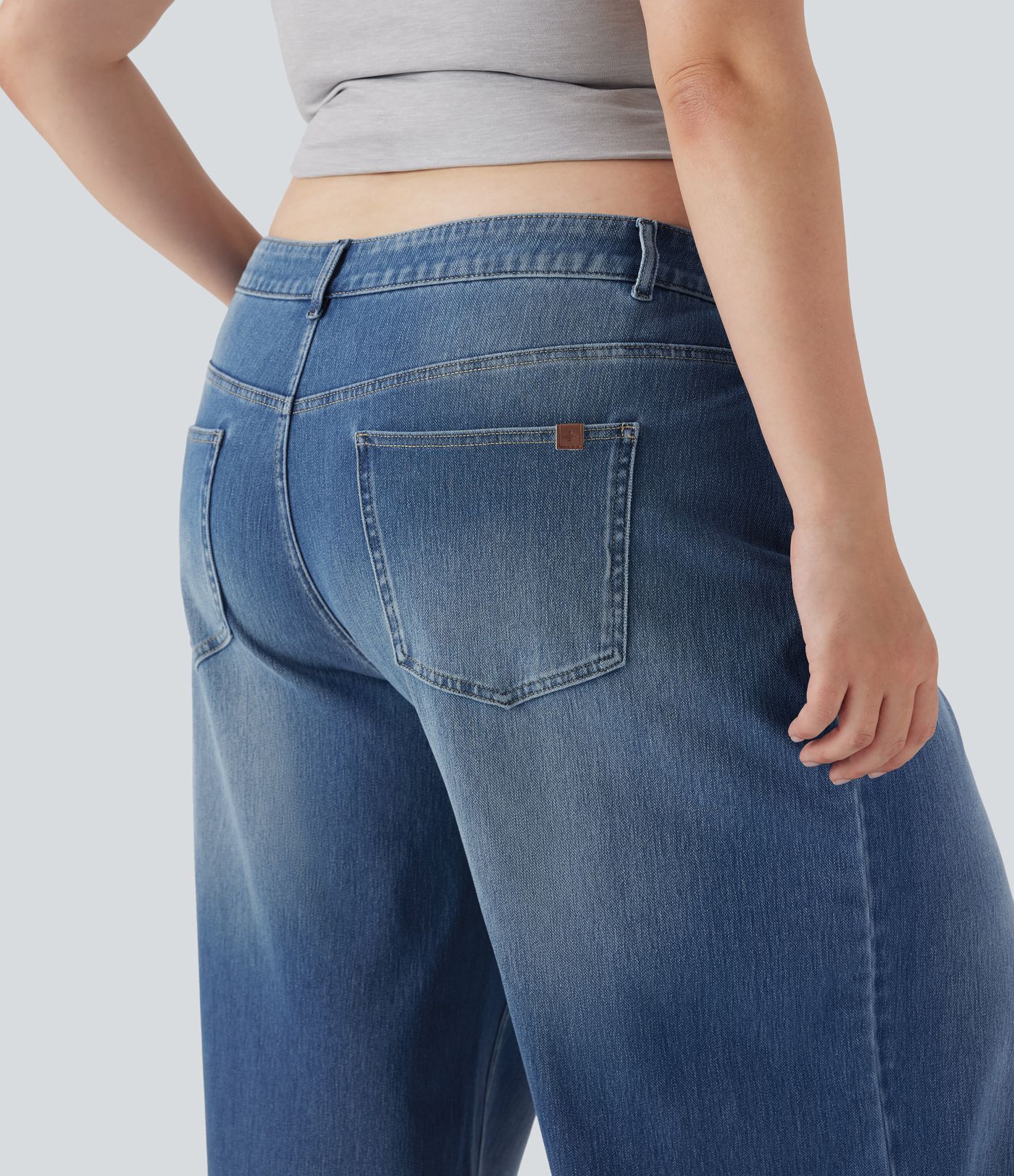 Jeans casuales Halara Flex™ de tiro bajo tipo llavado y asimétrico de pierna ancha y con bolsillos en talla grande