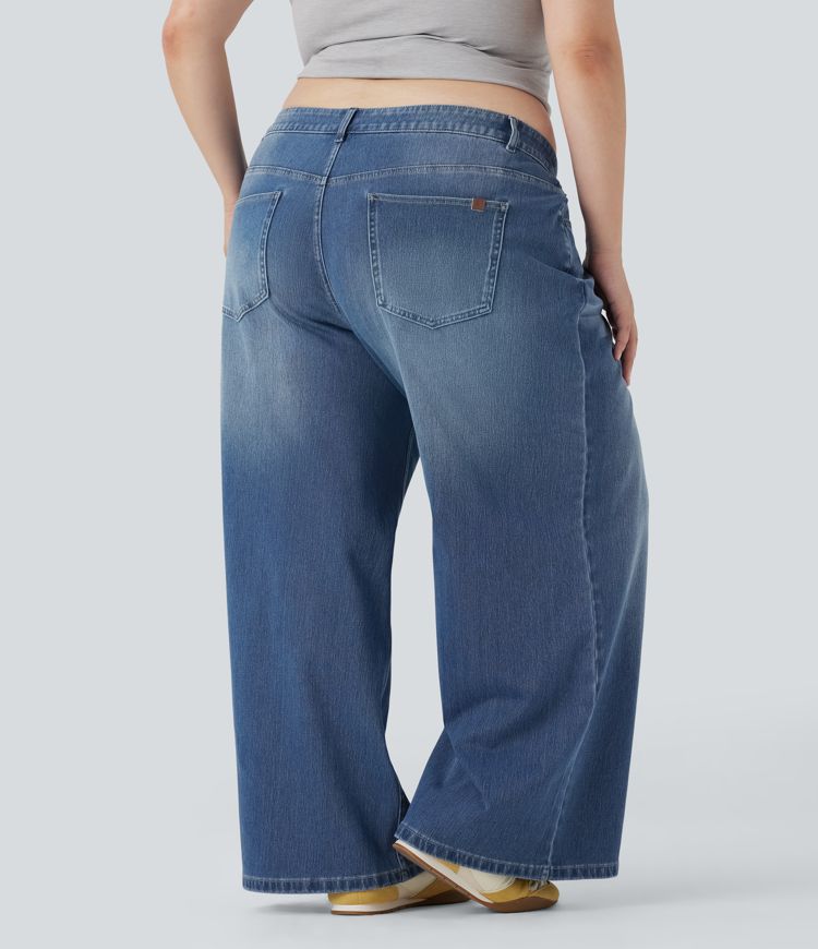 Plus Size Halara Flex™ Asymmetric Low Rise Wide Leg Washed Casual Jeans with Pockets