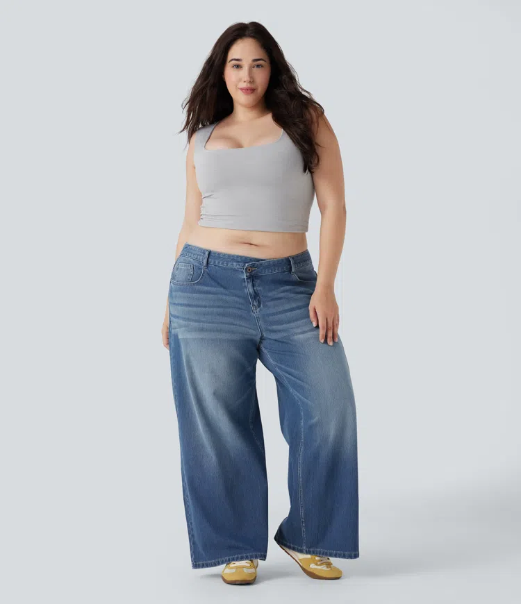 Halara Flexβ’ - LΓ€ssige, verwaschene, asymmetrische Jeans mit niedrigem Bund, Seitentaschen und weitem Bein - Plus-Size