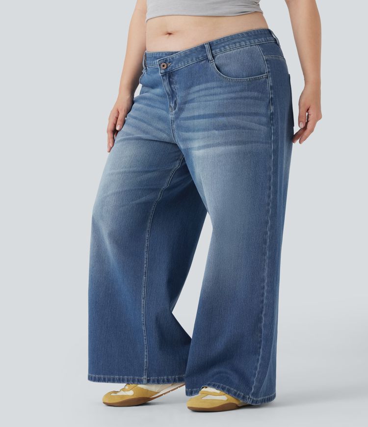 Plus Size Halara Flex™ Asymmetric Low Rise Wide Leg Washed Casual Jeans with Pockets