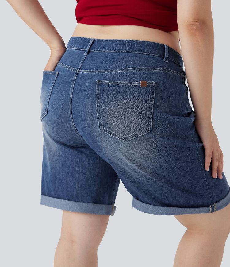 Halara Flex™ High Waisted Multiple Pockets Rolled Hem Washed Stretchy Knit Denim Casual Plus Size Bermuda Shorts
