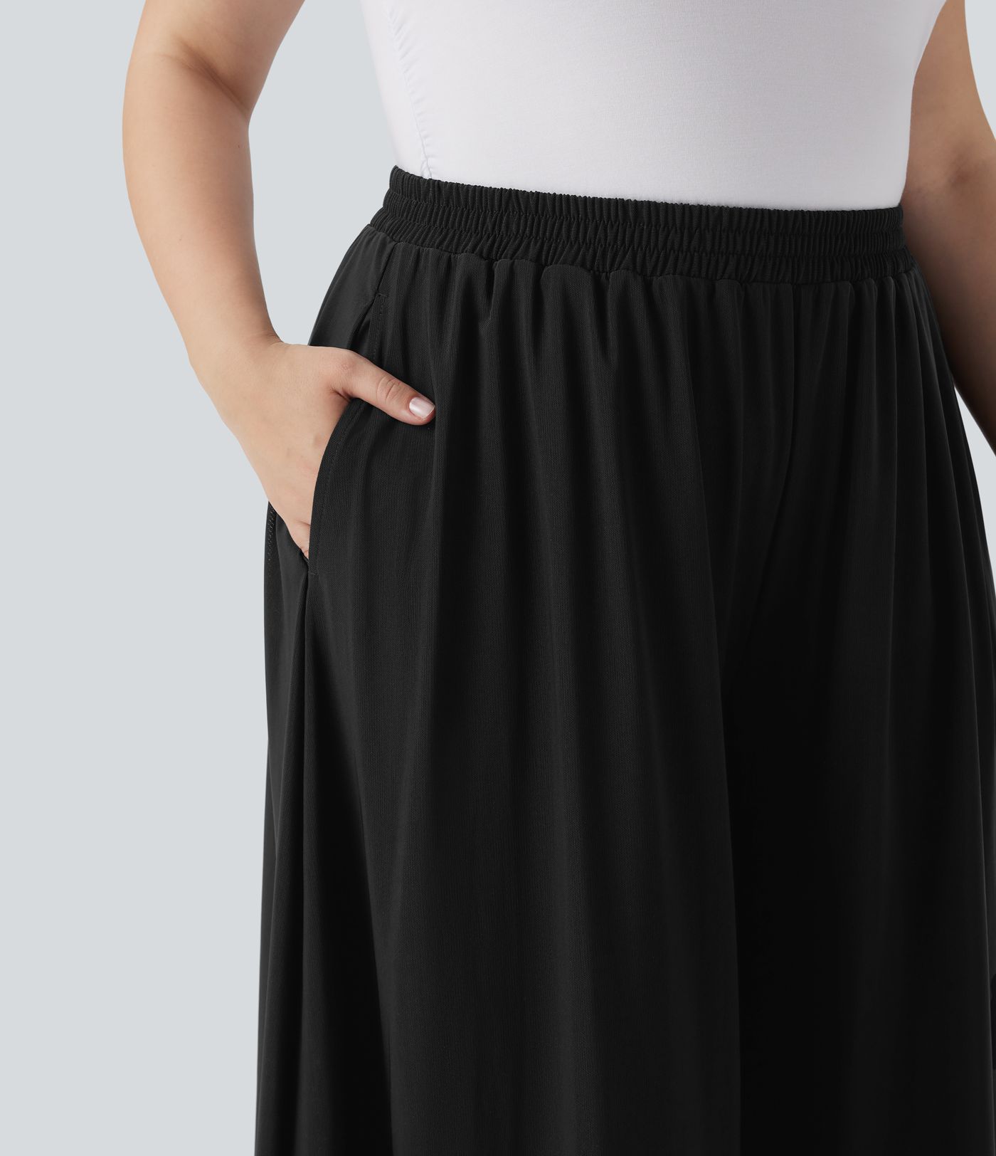 Pantalones casuales de pierna ancha con superposición de malla y cintura alta de talla grande con bolsillos laterales