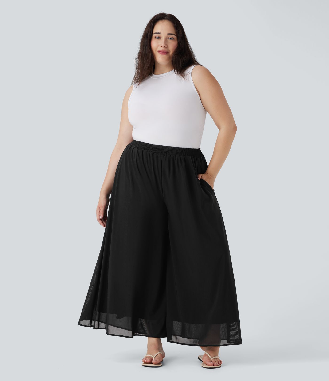 Pantalones casuales de pierna ancha con superposición de malla y cintura alta de talla grande con bolsillos laterales