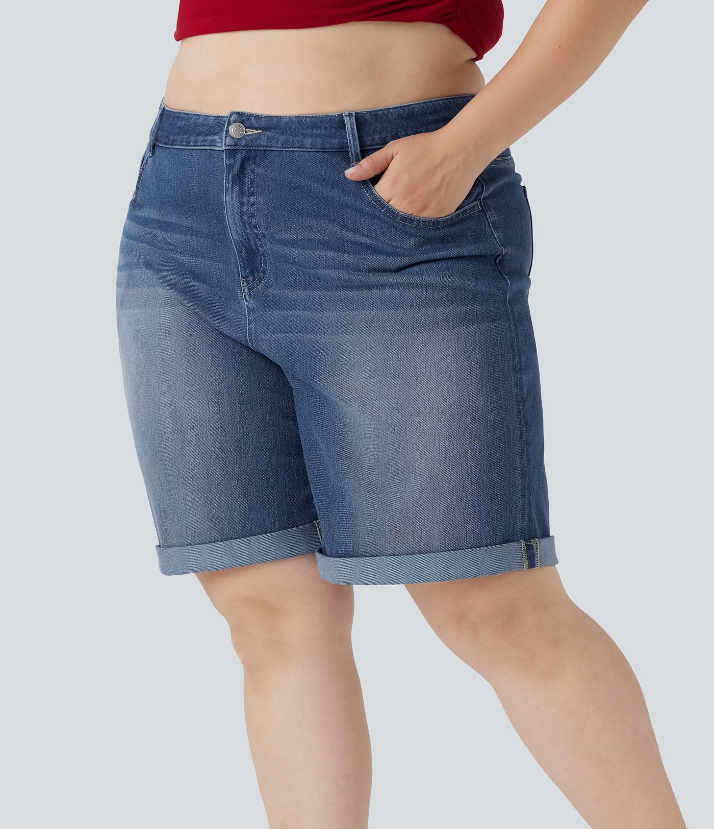 Bermudas Halara Flex™ Denim tiro alto múltiple bolsillo dobladillo enrollado vaquero elástico lavado talla grande