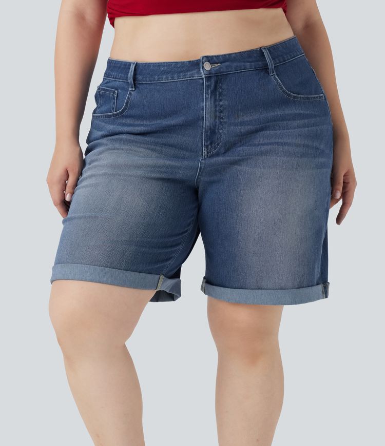 Halara Flex™ High Waisted Multiple Pockets Rolled Hem Washed Stretchy Knit Denim Casual Plus Size Bermuda Shorts