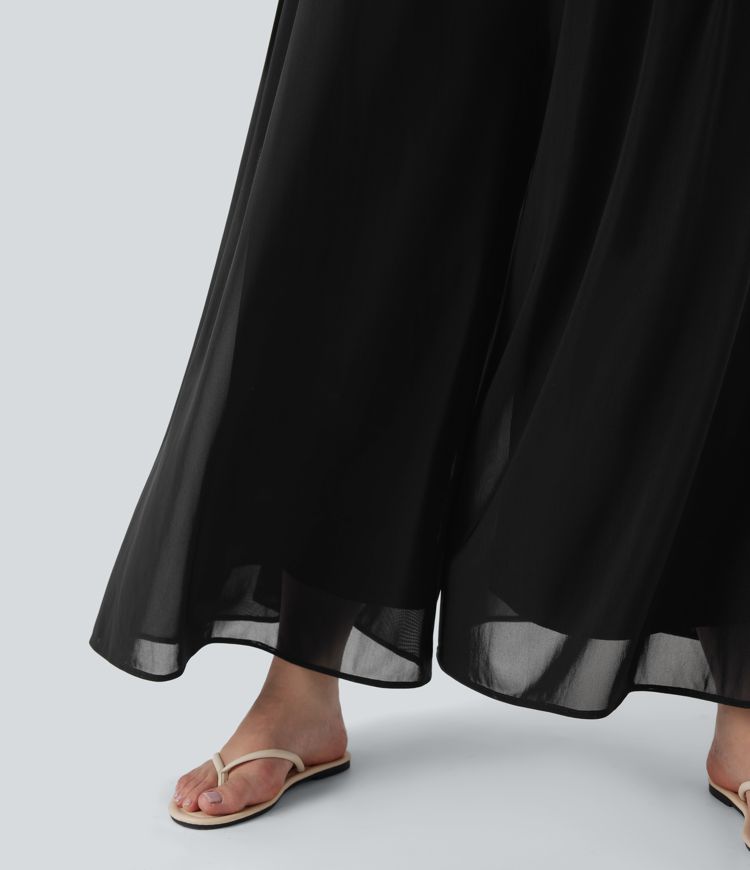 Pantalones casuales de pierna ancha con superposición de malla y cintura alta de talla grande con bolsillos laterales