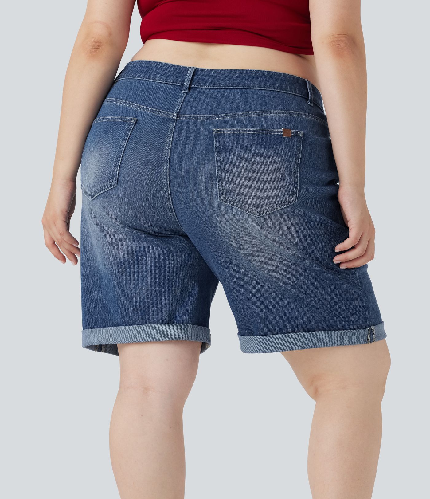 Bermudas Halara Flex™ Denim tiro alto múltiple bolsillo dobladillo enrollado vaquero elástico lavado talla grande