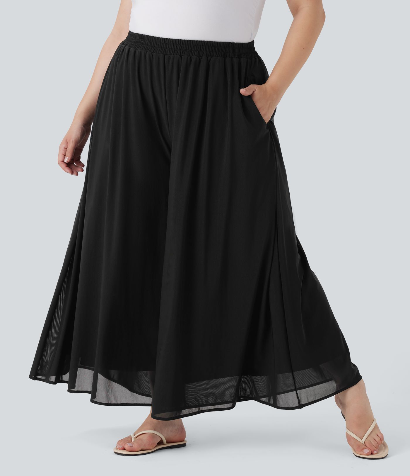 Pantalones casuales de pierna ancha con superposición de malla y cintura alta de talla grande con bolsillos laterales