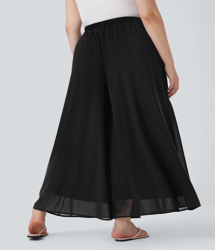 Women s Plus Size High Waisted Mesh Overlay Wide Leg Casual Pants With 