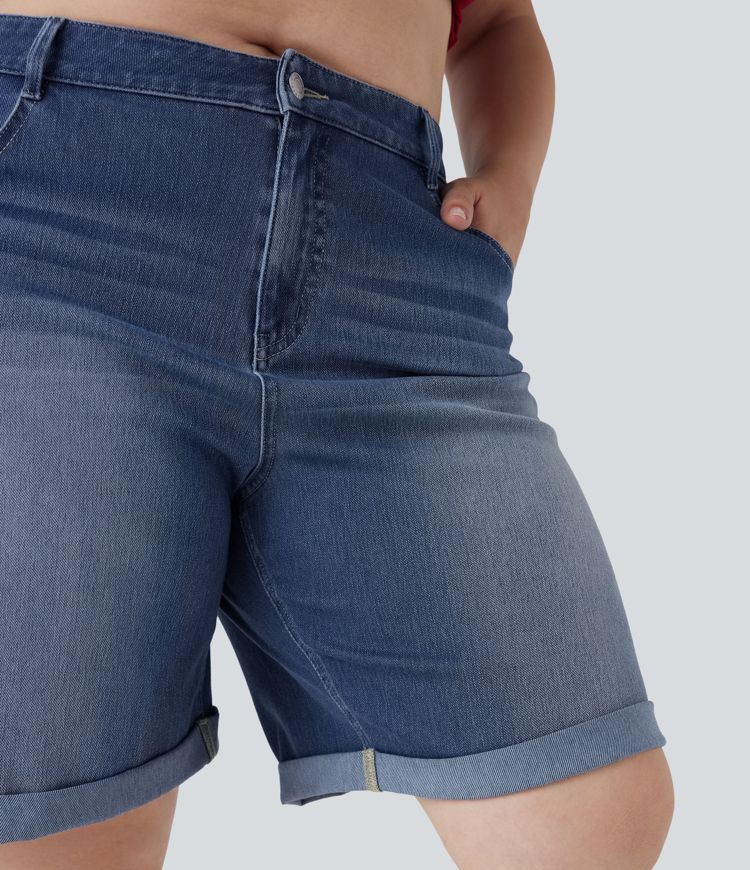 Halara Flex™ High Waisted Multiple Pockets Rolled Hem Washed Stretchy Knit Denim Casual Plus Size Bermuda Shorts
