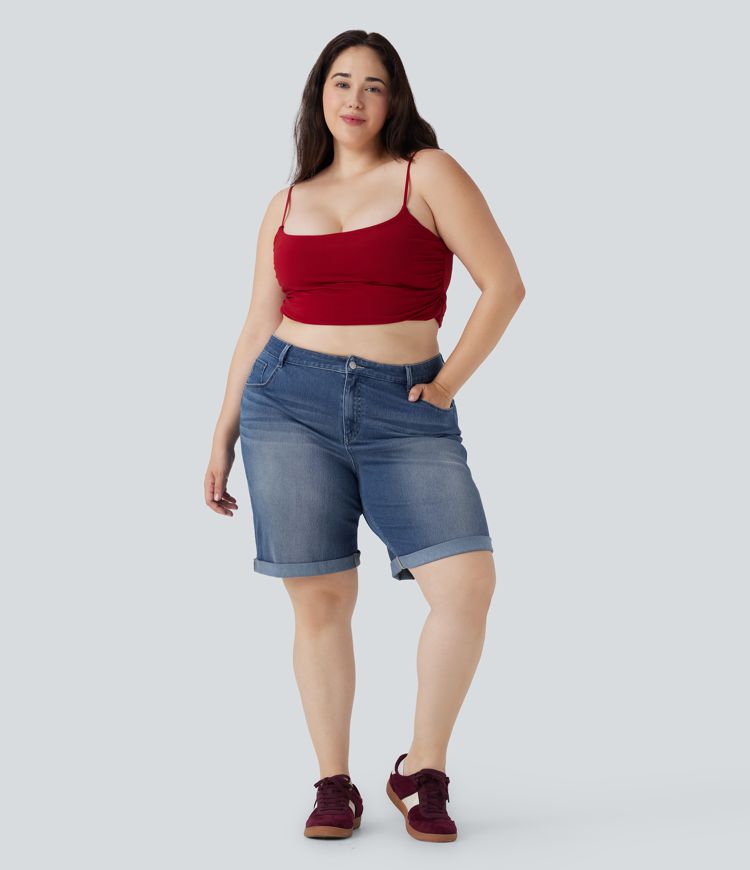 Halara Flex™ High Waisted Multiple Pockets Rolled Hem Washed Stretchy Knit Denim Casual Plus Size Bermuda Shorts