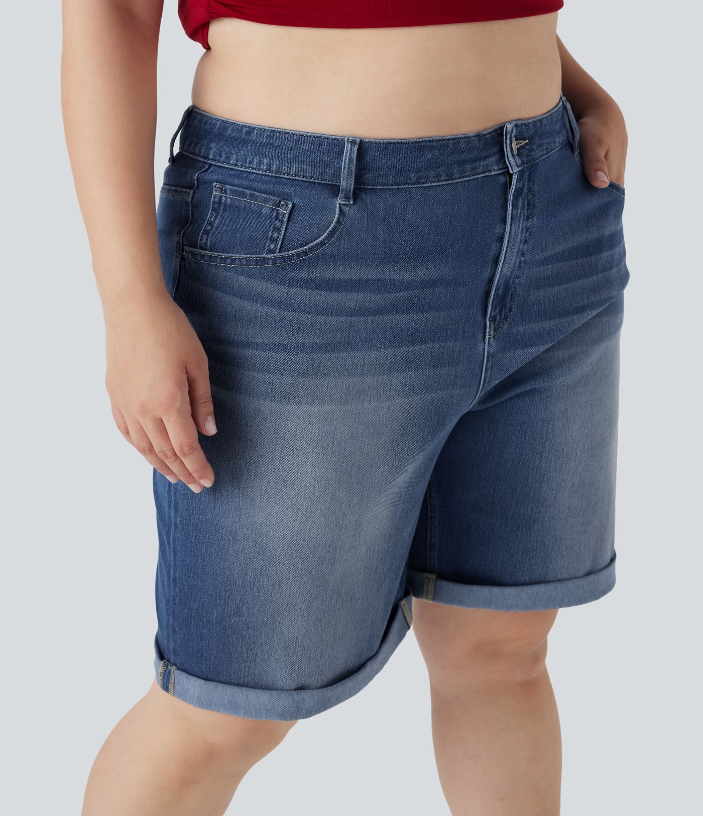 Bermudas Halara Flex™ Denim tiro alto múltiple bolsillo dobladillo enrollado vaquero elástico lavado talla grande