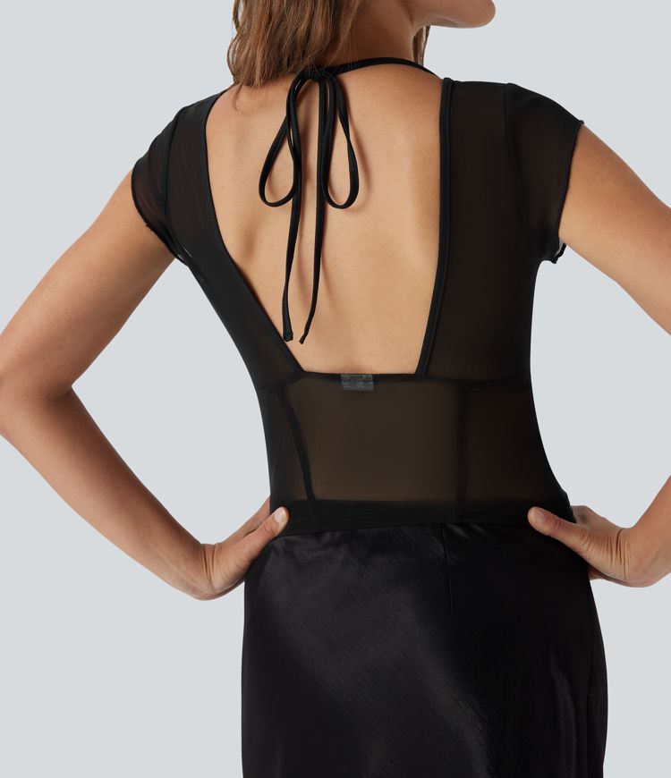 Tie Back Contrast Mesh Top