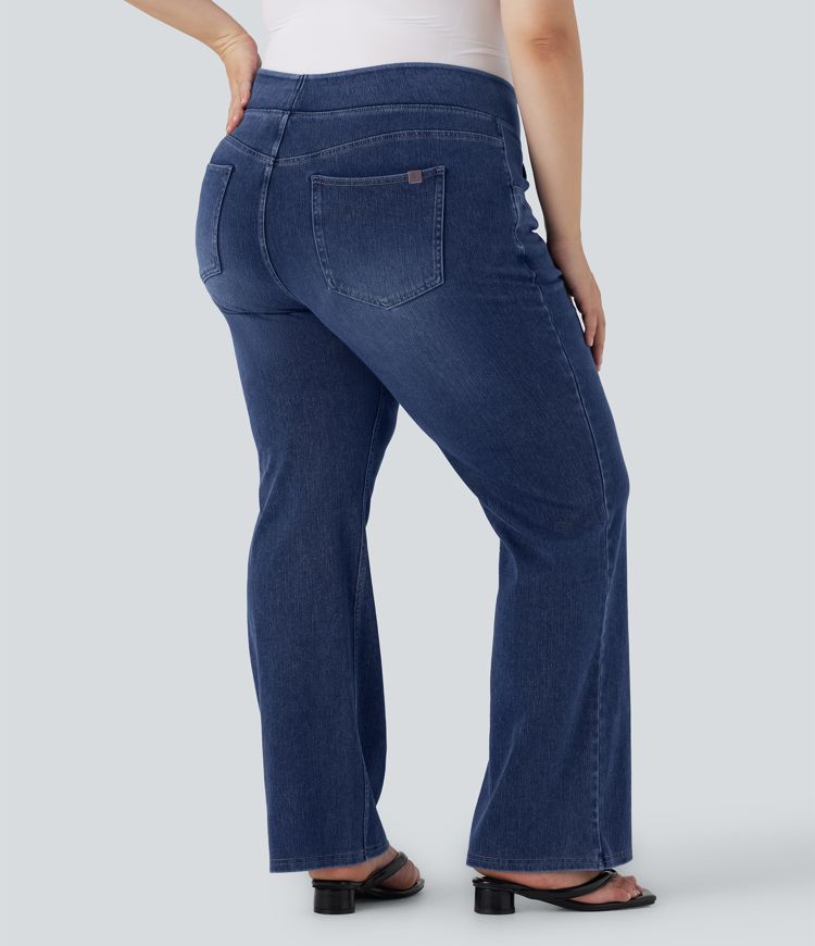 Halara Flex™ High Waisted Multiple Pockets Washed Stretchy Knit Casual Bootcut Plus Size Jeans