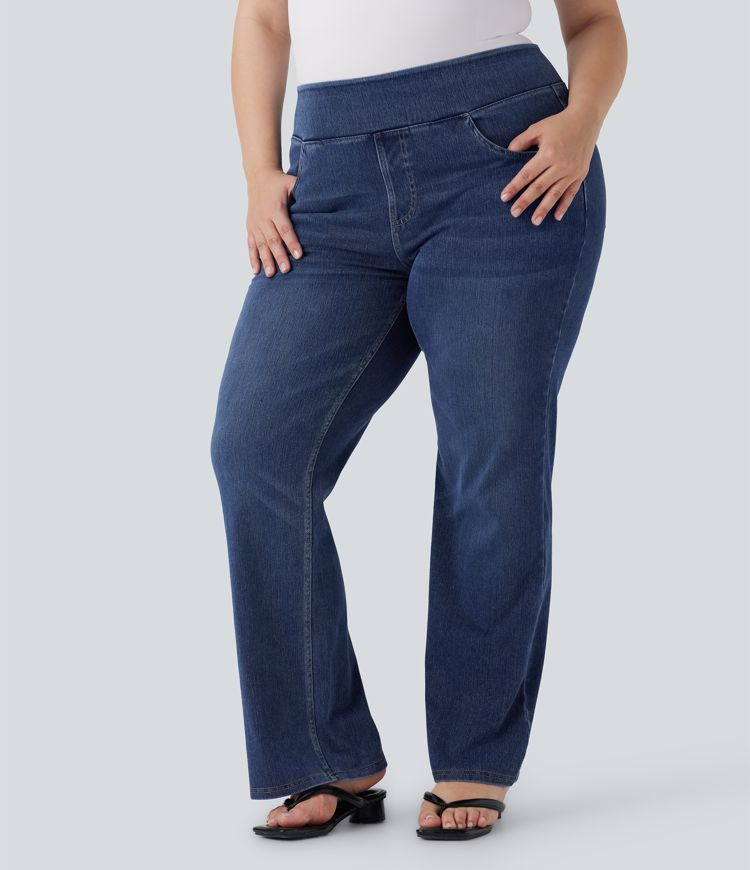 Halara Flex™ High Waisted Multiple Pockets Washed Stretchy Knit Casual Bootcut Plus Size Jeans