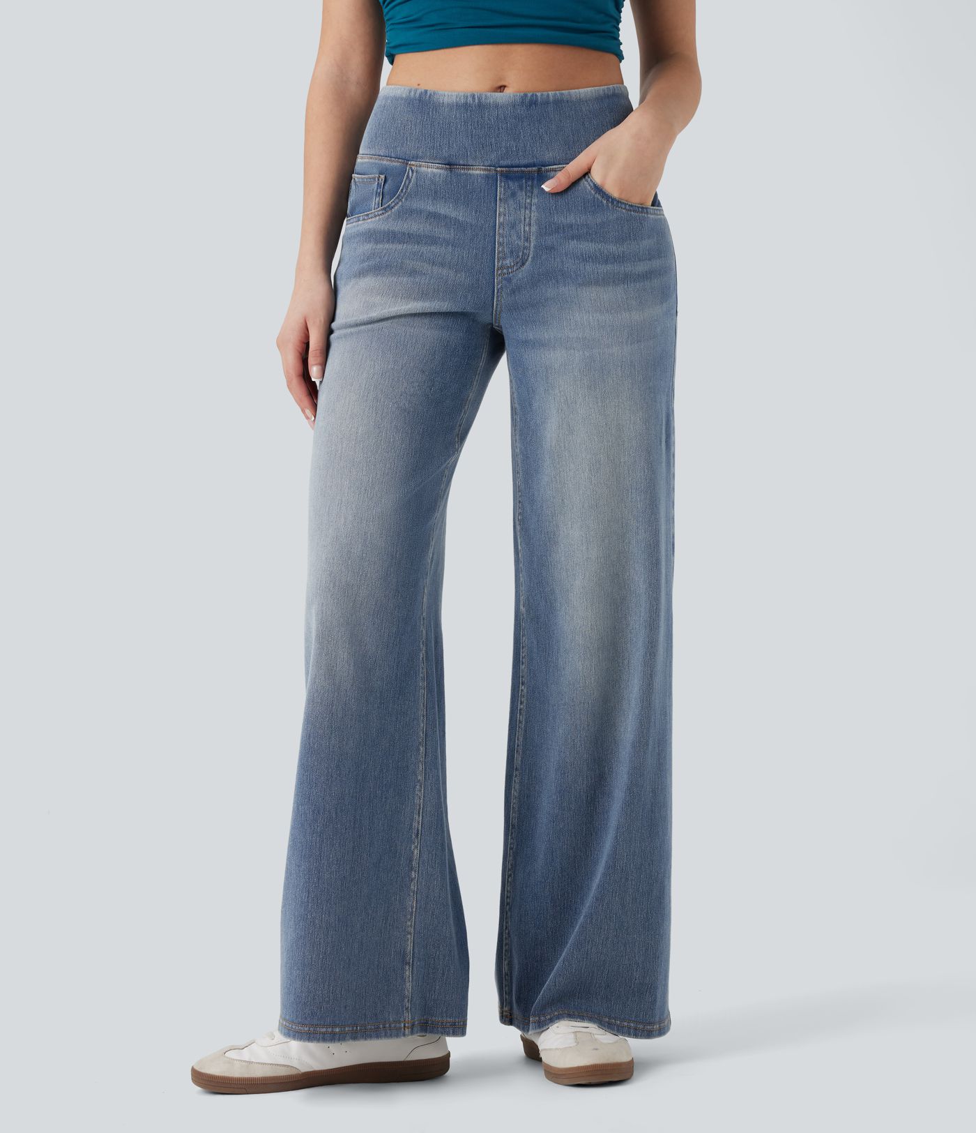 Jean décontracté ample gainant taille mi-haute avec poches Halara Flex™ Jean décontracté ample gainant taille mi-haute avec poches Halara Flex™