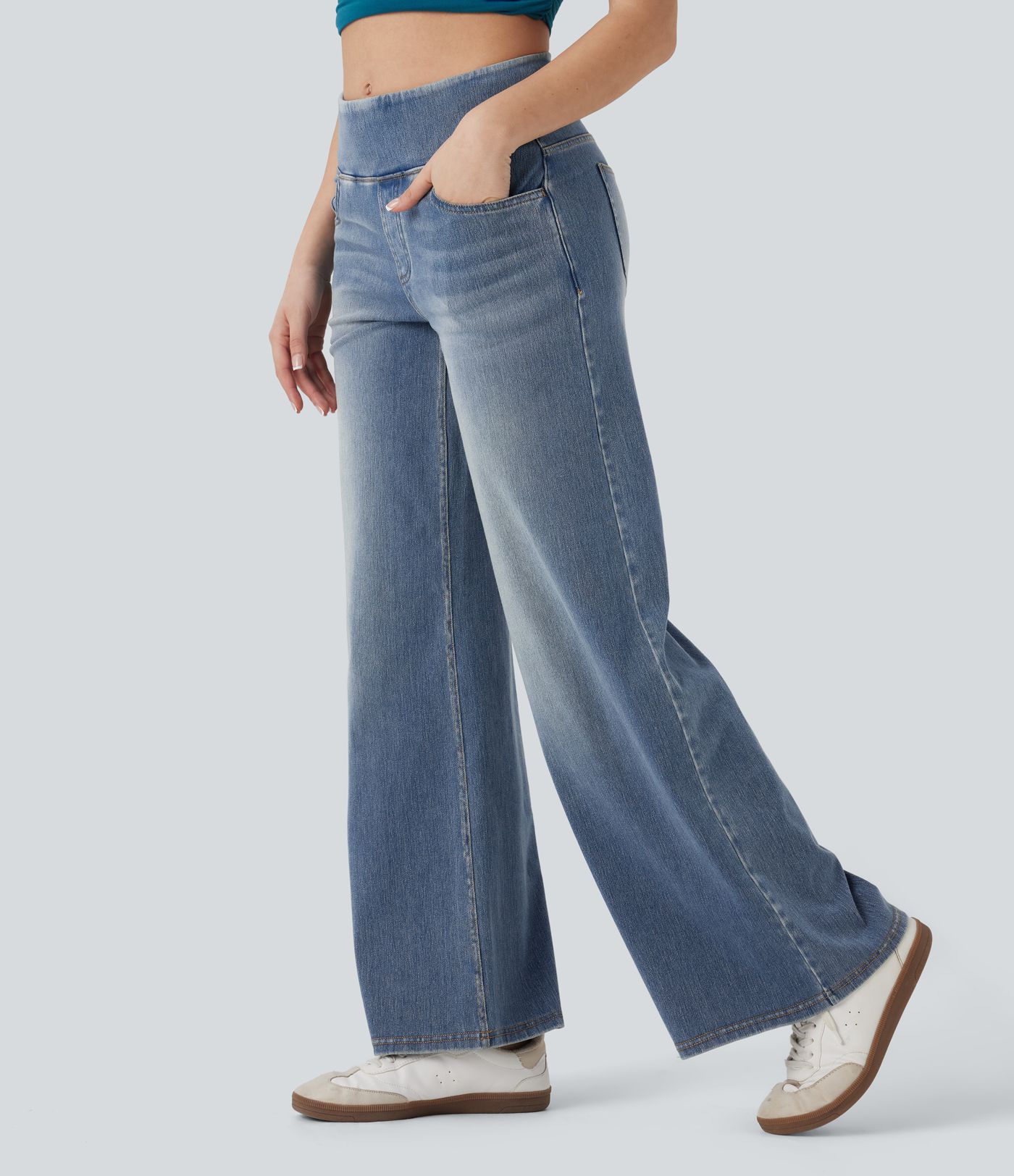 Halara Flex™ SoCinched Mittlere Taille Bauchkontroll Casual Weite Jeans mit Taschen