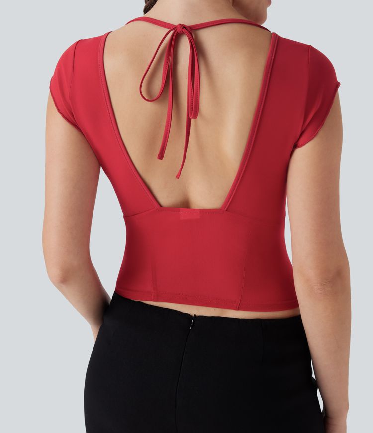Backless Tie Back Contrast Mesh Party Top