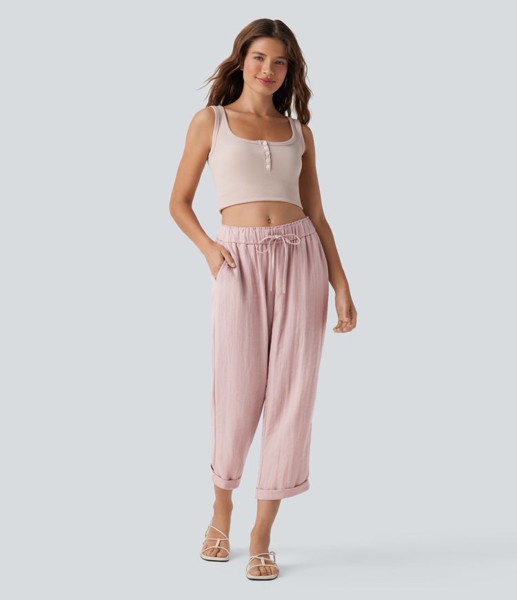 Pantalones casuales ajustados de tiro medio con cordón y bolsillos