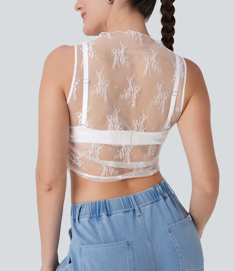 Top casual corto fruncido sin mangas con cuello alto y encaje transparente