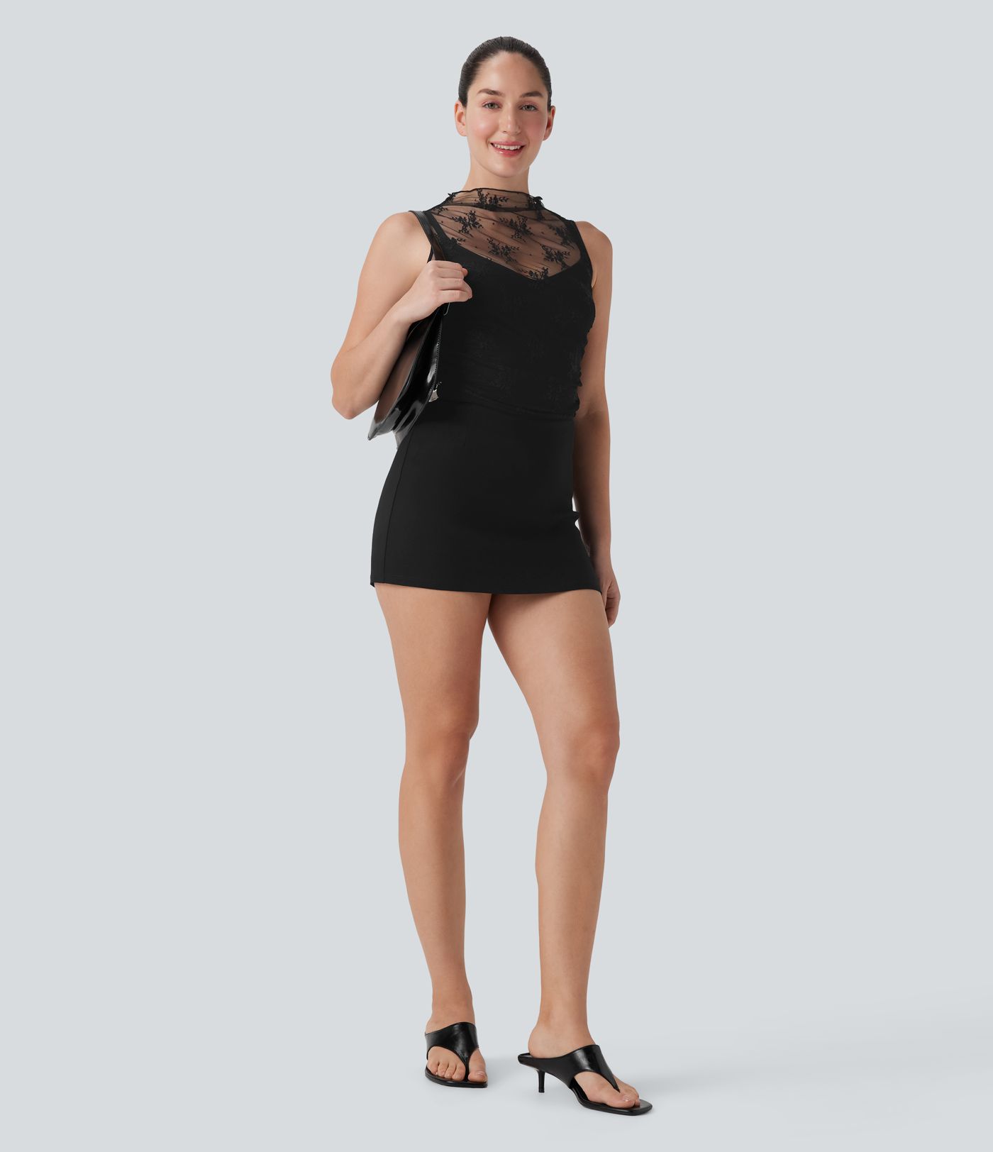 Mock Neck Sleeveless Ruched Cropped Sheer Lace Casual Top