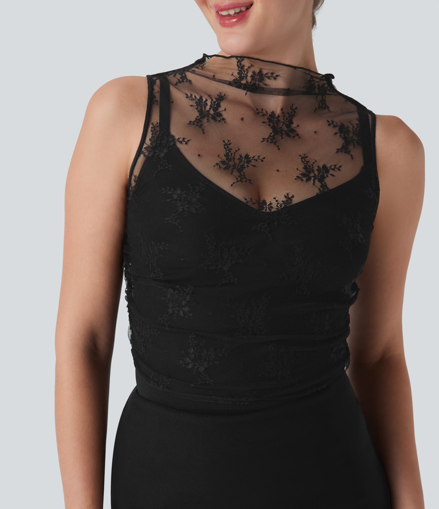 Mock Neck Sleeveless Ruched Cropped Sheer Lace Casual Top