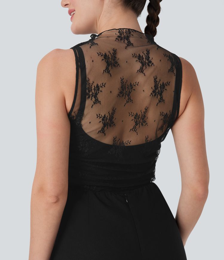 Mock Neck Sleeveless Ruched Cropped Sheer Lace Casual Top