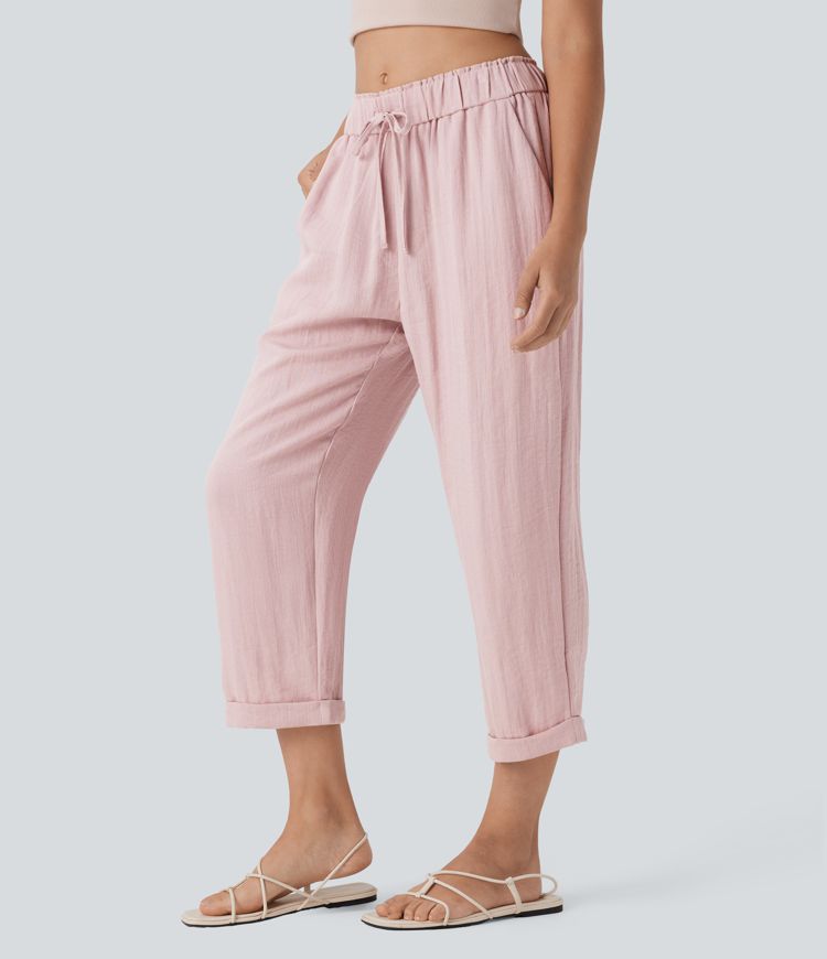 Mid Rise Drawstring Casual Tapered Pants with Pockets