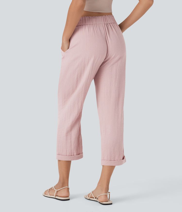 Mid Rise Drawstring Casual Tapered Pants with Pockets