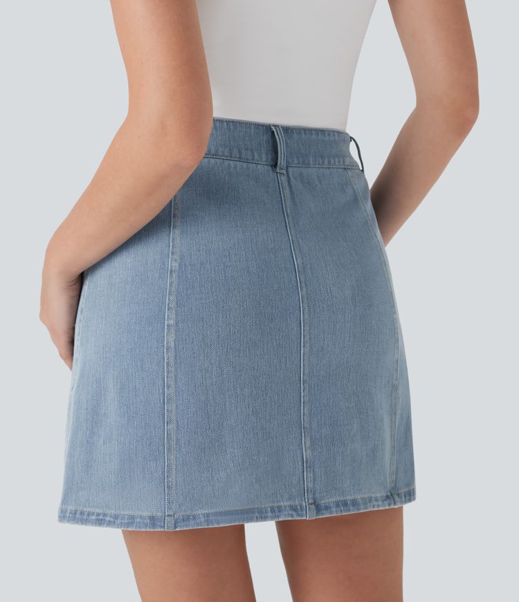 Halara Flex™ Mid Rise A Line Stretchy Knit Denim Mini Casual Skirt with Pockets