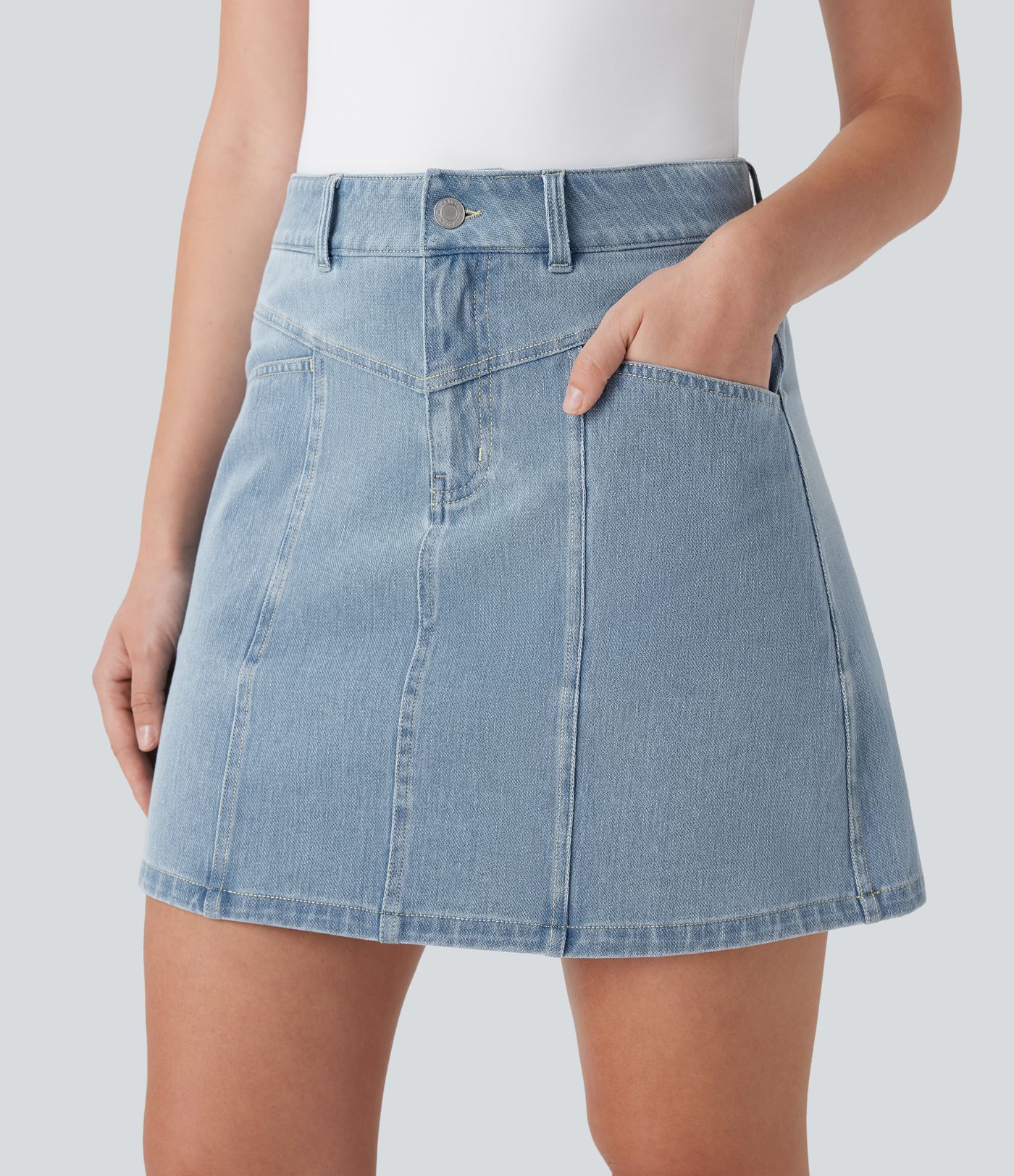 Mini falda Halara Flex™ Denim vaquera elástica en corte A de tiro medio y bolsillos