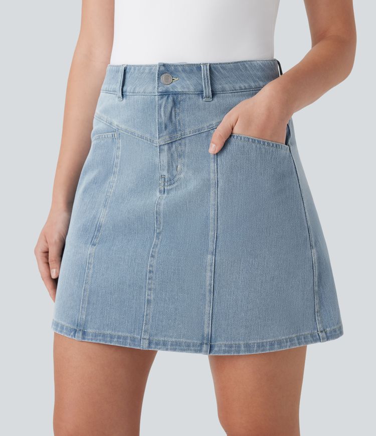 Halara Flex™ Mid Rise A Line Stretchy Knit Denim Mini Casual Skirt with Pockets