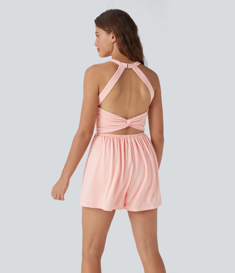 Backless Twisted Side Pocket 2-in-1 Resort Romper-Easy Peezy Edition