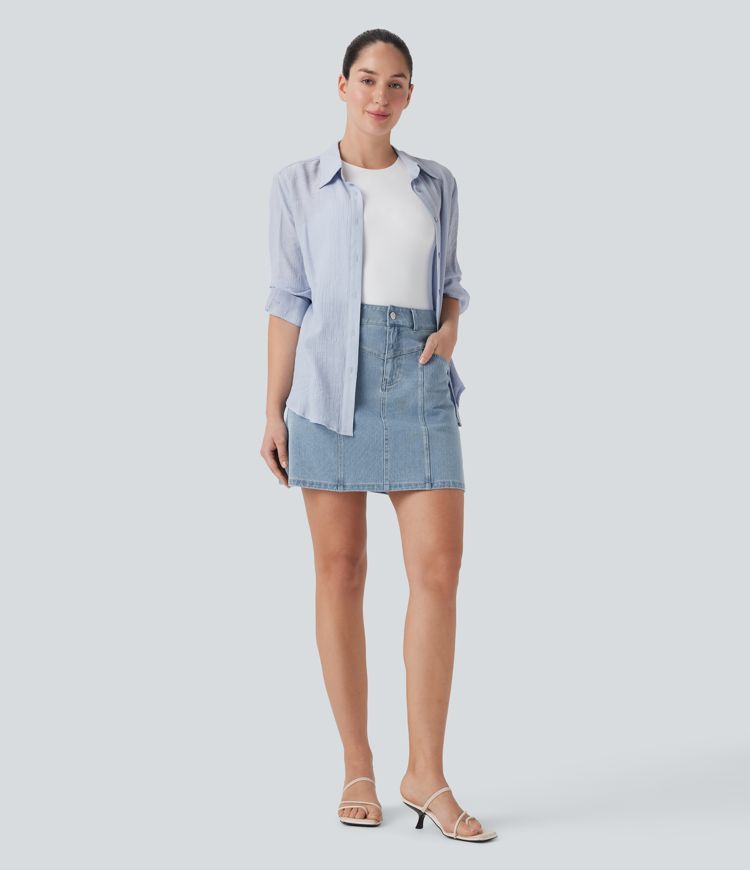 Halara Flex™ Mid Rise A Line Stretchy Knit Denim Mini Casual Skirt with Pockets