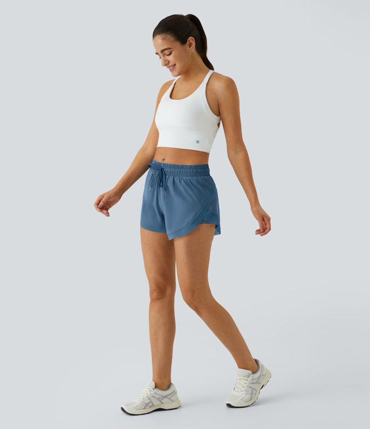 Mid Rise Drawstring Contrast Mesh 2-in-1 Flowy Running Shorts 3''