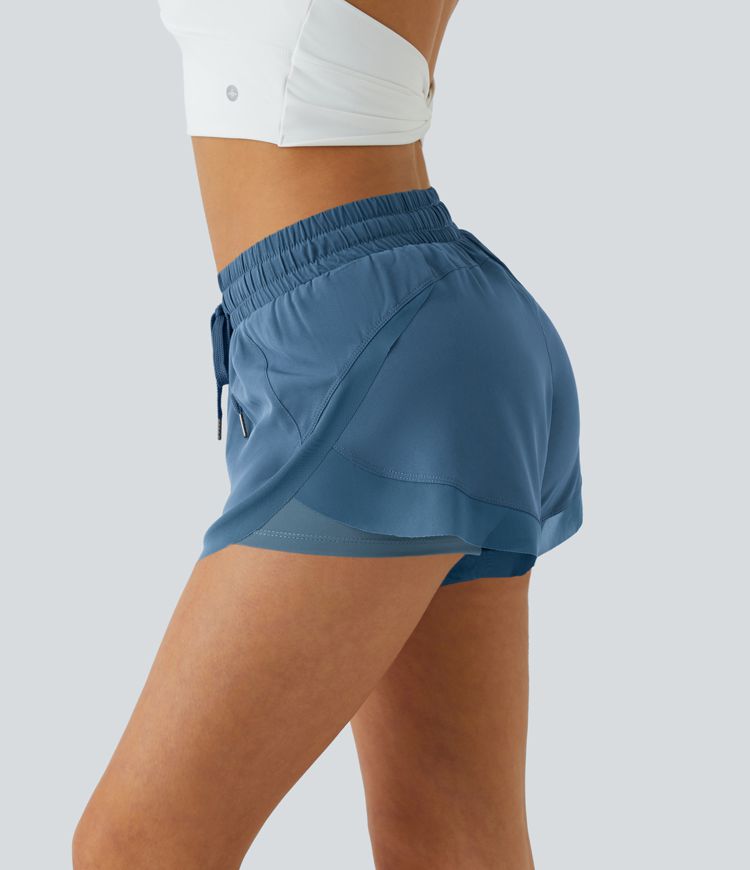 Mid Rise Drawstring Contrast Mesh 2-in-1 Flowy Running Shorts 3''