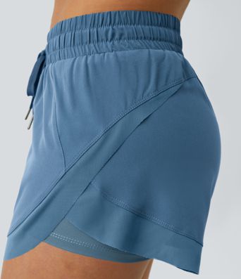 Mid Rise Drawstring Contrast Mesh 2-in-1 Flowy Running Shorts 3''