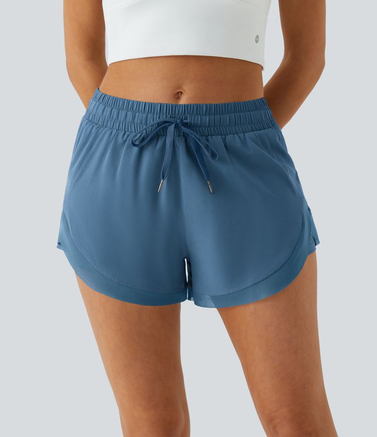 Mid Rise Drawstring Contrast Mesh 2-in-1 Flowy Running Shorts 3''