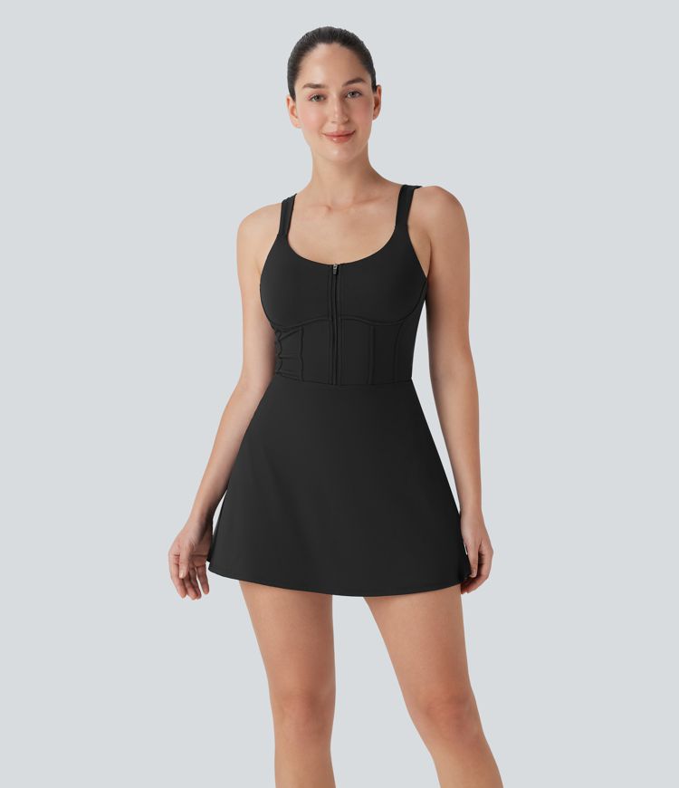 Softlyzero™ QuickDry - Rückenfreies 2-in-1 Tanz-Aktiv-Minikleid im Korsett-Stil mit Seitentaschen und Reißverschluss - Easy Peezy Edition