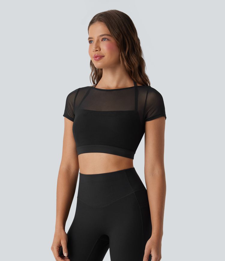 Halter Short Sleeve Contrast Mesh 2-in-1 Cropped Yoga Sports Top
