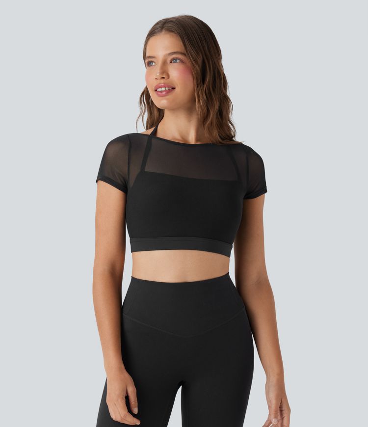 Halter Short Sleeve Contrast Mesh 2-in-1 Cropped Yoga Sports Top