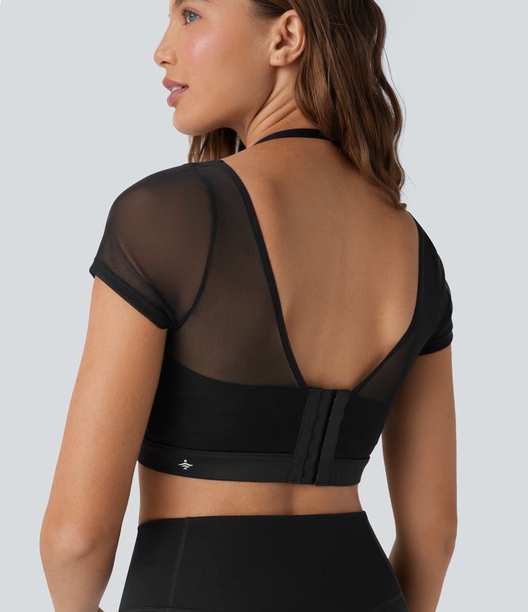 Top deportivo de yoga 2 en 1 de malla en contraste con cuello halter y espalda descubierta