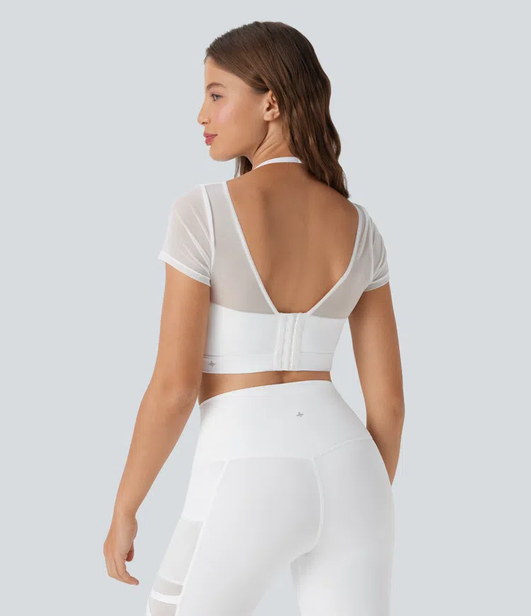 Halter Short Sleeve Contrast Mesh 2-in-1 Cropped Yoga Sports Top