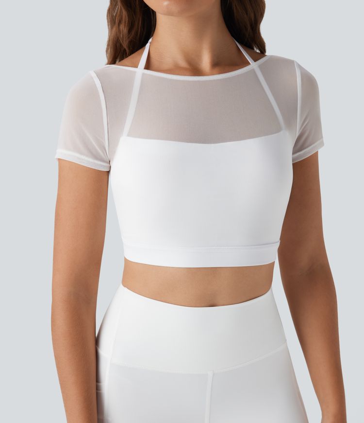 Rückenfreies 2-in-1 Yoga-Sport-Top mit Neckholder, kurzen Ärmeln und kontrastierendem Netzstoff