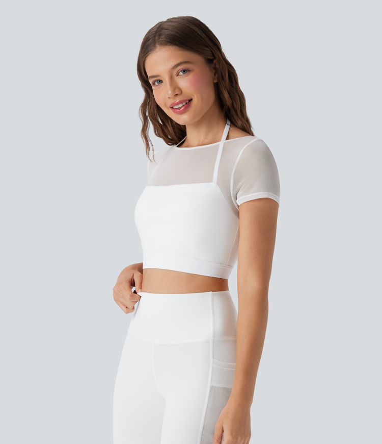Rückenfreies 2-in-1 Yoga-Sport-Top mit Neckholder, kurzen Ärmeln und kontrastierendem Netzstoff
